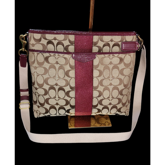 Coach New York Signature Stripe Khaki Monogram / Merlot Crossbody Purse File Bag - Picture 1 of 8
